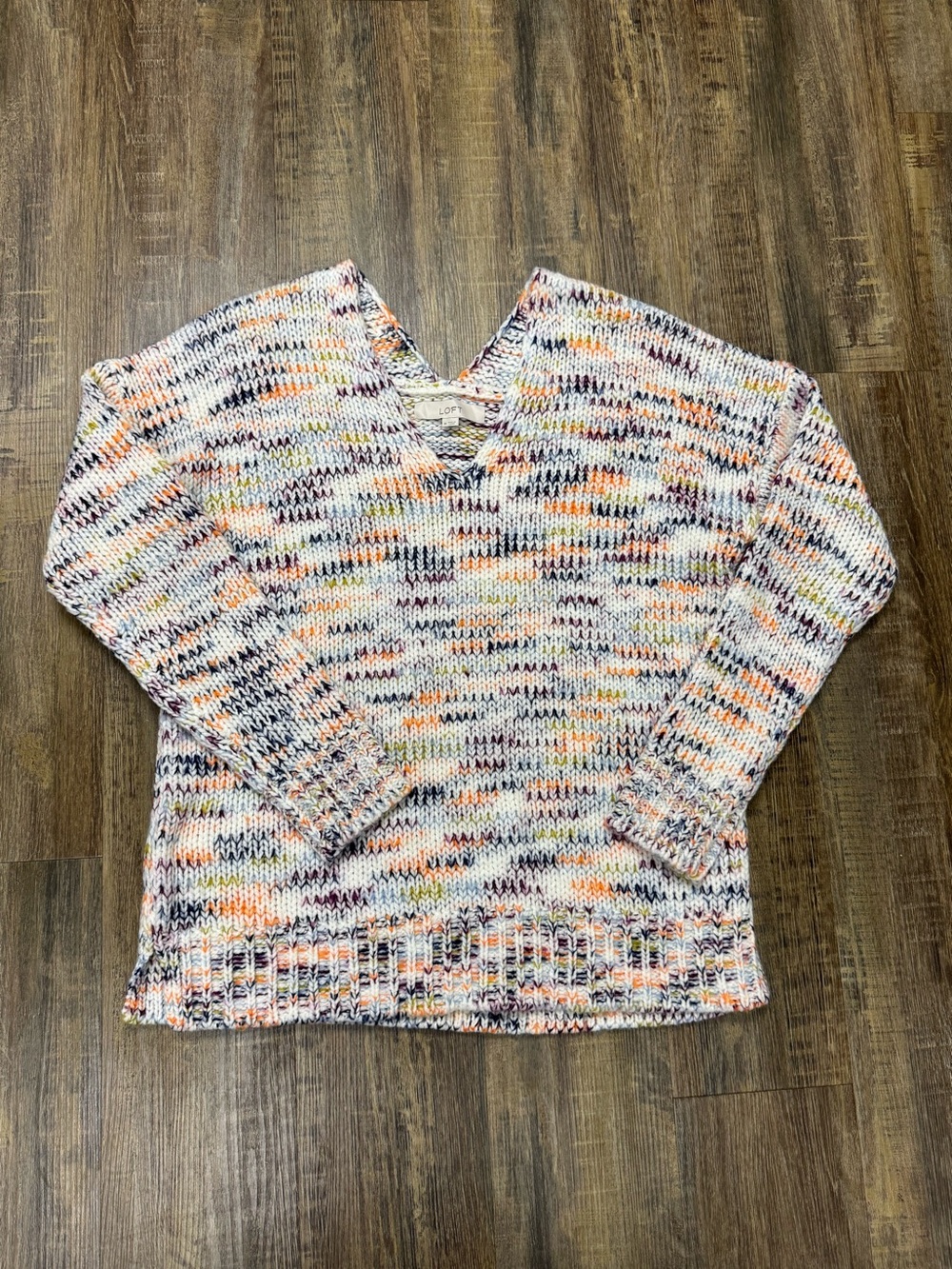 LOFT Multicolor Speckled V-Neck Knit Sweater - Cream, Orange, Navy, Pink